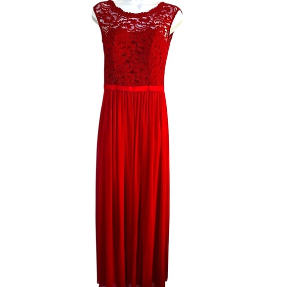 David's Bridal | Red Lace & Chiffon Cap Sleeve Dress | Bridesmaid - Picture 2 of 8